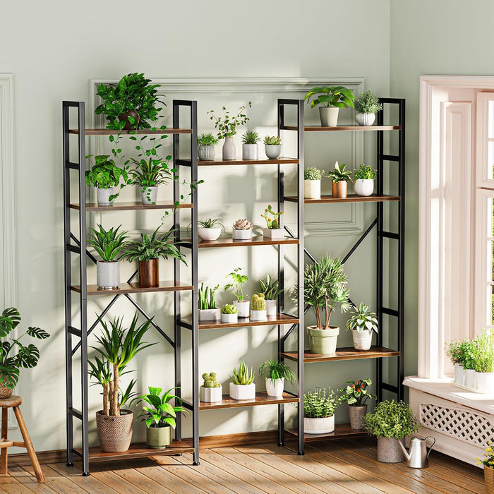 Triple Bookshelf, Bookcase with 14 Open Display Shelves, Wide Book Shelf Book Case for Home & Office, 5 Tier, Brown
