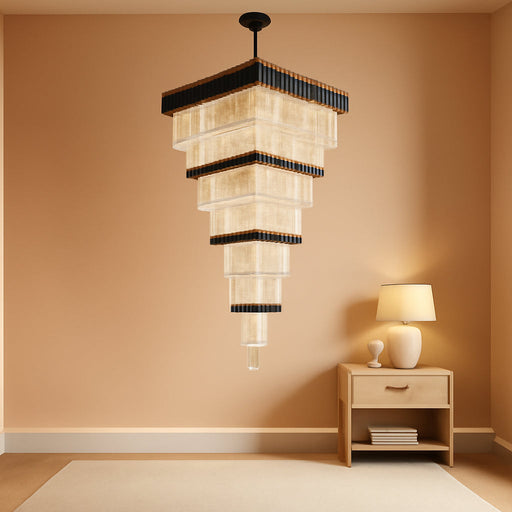 W32In X H94.5In Large Black Gold Crystal Chandelier,Square Crystal Raindrop Chandelier High Ceiling Pendant Light for Entrance Villa Foyer Ceiling Lighting Fixtures