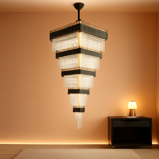 W32In X H94.5In Large Black Gold Crystal Chandelier,Square Crystal Raindrop Chandelier High Ceiling Pendant Light for Entrance Villa Foyer Ceiling Lighting Fixtures