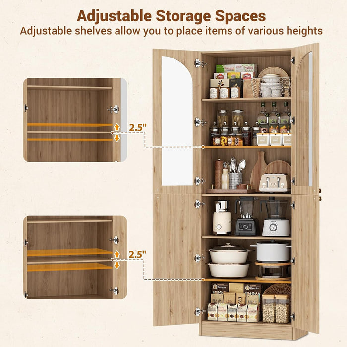 80" Arched Bookcase with Tempered Glass & Soft Close Doors, 2 Set | Tall Bookshelf with Storage, Wooden 6-Tier Pantry Cabinet with Seamless Fit Wall for Home Office, Living Room, Kitchen