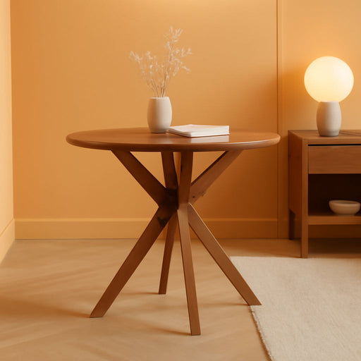 36" round Wood Dining Table, Farmhouse Kitchen Table with Intersecting Pedestal Base & Solid Rubber Wood Legs, Vintage Coffee Tables for Dinette, Small Spaces, Restaurant, Brown