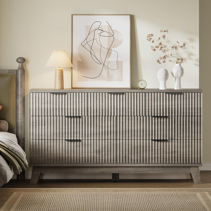 57" Long Dresser for Bedroom, 7-Drawer Fluted Chest, Wide Wood Storage Dresser with Metal Slides and Handles, Stable Base, Modern Clothes Organizer for Primary Suite, Guest Room, Nursery