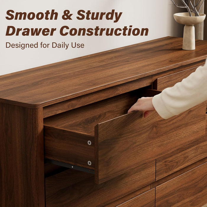 55" Mid-Century Modern Dresser for Bedroom, 6 Drawer Wide Chest of Drawers with Wood Legs, Large Storage Bedroom Dresser, Walnut