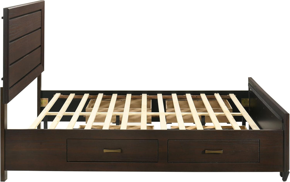 Home Furnishings - Kauffman - Wood - Queen Platform Bed with Horizontal Planked Headboard, 4 Drawers, and Side Storage - Bedroom - Dark Cocoa - 204390Q