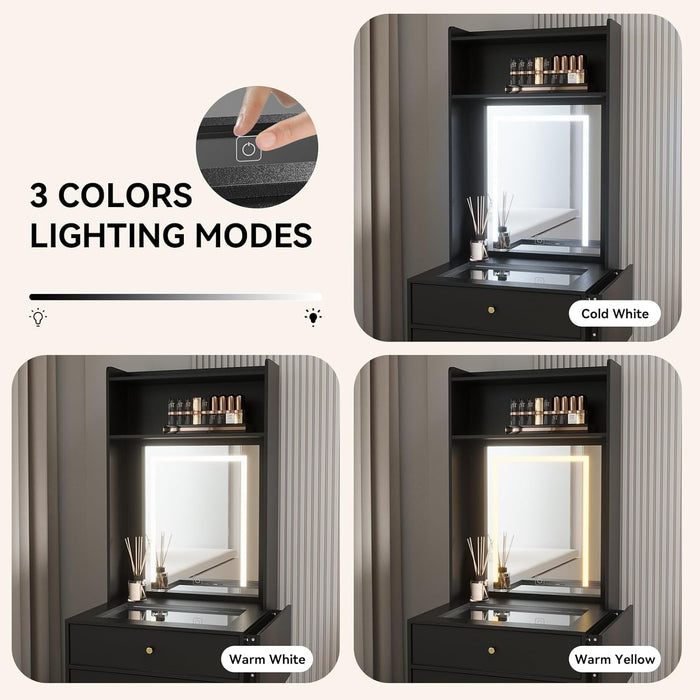 Small Vanity Desk Set with 3 Adjustable Lighted Mirror and Storage Chair Mini Black Makeup Vanities Set for Bedroom Compact Make up Dressing Table with Fold-Up Panel for Tiny Space