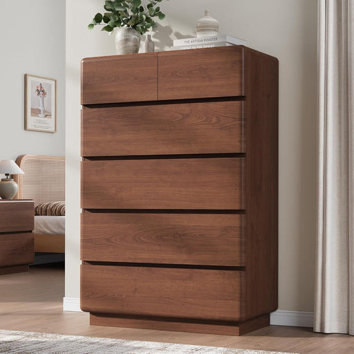 Walnut 6 Drawer Dresser for Bedroom, 48" Tall Dressers & Chest of Drawers with Curved Profile Design, Modern Dresser with Thickened Base for Bedroom, Living Room, Hallway