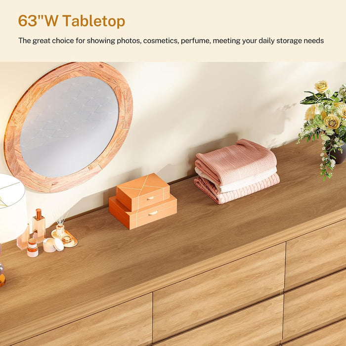 63" Dresser for Bedroom with 9 Drawers, Modern Dressers & Chests of Drawers with Metal Handles, Wooden Dresser TV Stand, Bedroom Dressers, for Bedroom, Hallway, Natural