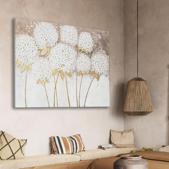 Large Hand Painted Wall Art White Hydrangea Canvas Wall Decor, Modern Floral Wall Decor, 3D Textured Oil Painting, Large Canvas Wall Art for Living Room Bedroom Office Decoration 40X28 Inch