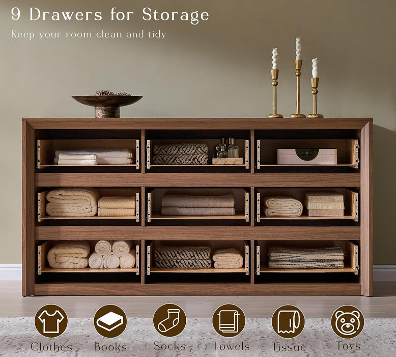 63 Inch 9 Drawer Dresser for Bedroom, 20" Depth for More Storage