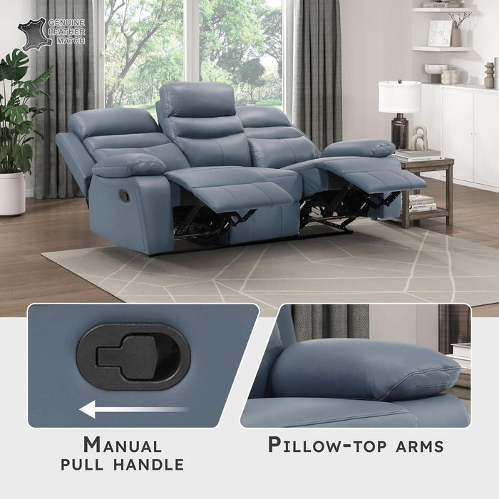 86.5" W Mnul Reclining Sof, Top Grin Lether Mtch Reclining Sof, Home Theter Seting, Wll Hugger Recliner Couch, Mnul Double Recliner RV Couch for Living Room, Blue
