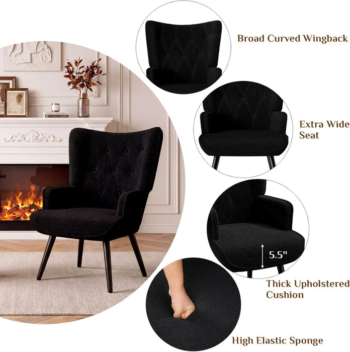 Black Plush Upholstered Wingback Armchair Mid Century