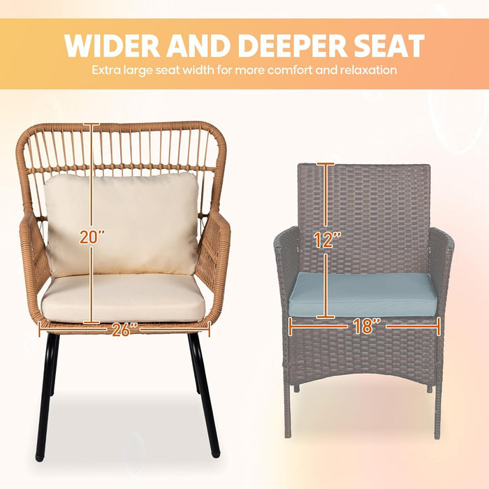 3 Pieces Outdoor Wicker Bistro Patio Furniture Set, Porch Furniture Rattan Conversation Sets with Side Table and Cushions for Garden Poolside Backyard, Yellow/Beige