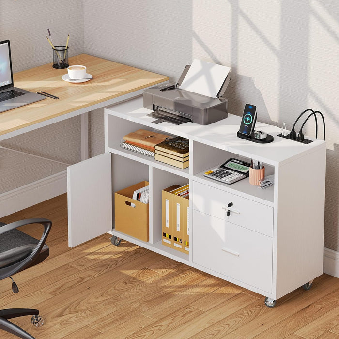 White Filing Cabinet with Charging Station & Lock