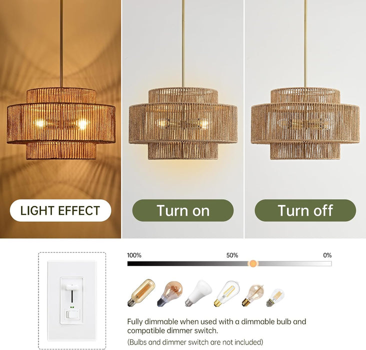 17.7" Rattan Chandelier for Dining Room, Large Boho Pendant Light