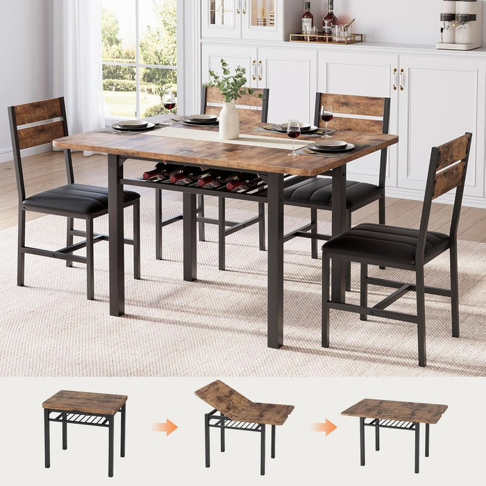 Extendable Dining Table Set for 4 with Built-In Shelf Rack Brown