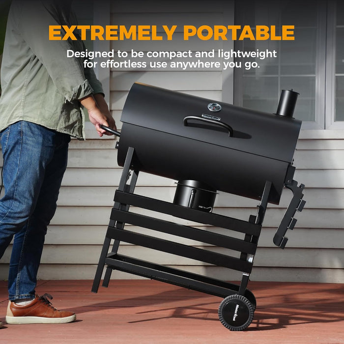Barrel Charcoal Grill with Foldable Front Shelf, 686 Sq.In. Cooking Area Outdoor Bbq Grill,Thermometer and Adjustable Air Vents for Patio, Parties,Backyard, Tailgating, Black