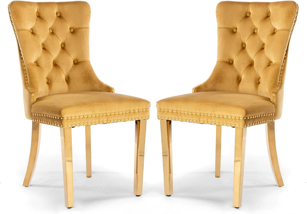 Velvet Dining Chair Set of 2, Upholstered Tufted Dining Room Chair with Nailhead Trim and Stainless Steel Gold Plated Leg for Kitchen, Gold