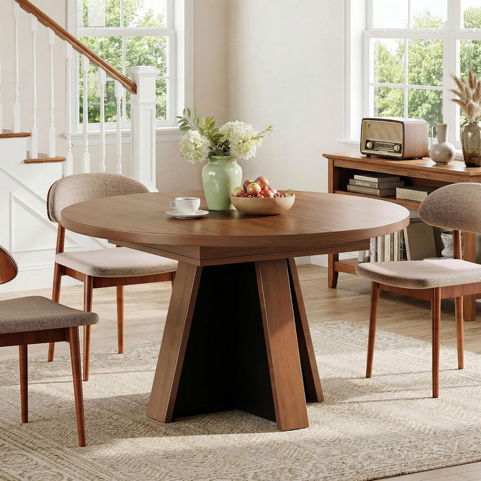 43.3In-59In Extendable round Dining Table for 4-6, Modern Wooden Kitchen Table for Dining Room, Adjustable Size Oval Circle Dinner Tables Furniture for Kitchen Living Room, Walnut Brown