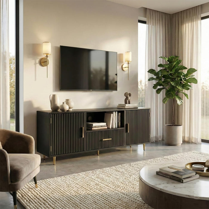 Modern Fluted TV Stand for 55/60/65 Inch TV, 57" Entertainment Center Media Console Table with Drawer & Storage Cabinets, Ribbed Design TV Cabinet Credenza for Living Room, Black