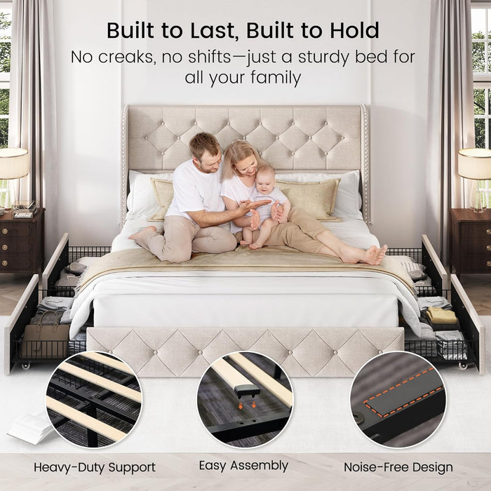 Queen Size Bed Frame with 4 Storage Drawers and Tufted Headboard Linen Upholstered Platform Bed Frame Wingback Beds with Wooden Slats Support, Easy Assembly, Beige