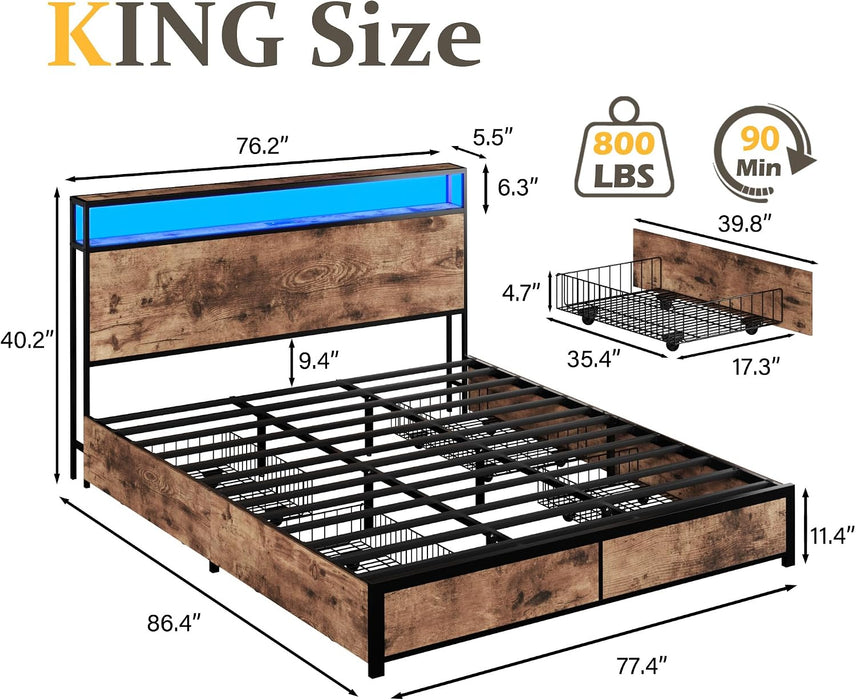 Queen Bed Frame with 2-Tier Storage Headboard, Metal Platform Bed Frame with 4 Storage Drawers, Built in Charging Station & LED, Noise-Free/Metal Support/No Box Spring Needed, Rustic Brown