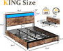 Queen Bed Frame with 2-Tier Storage Headboard, Metal Platform Bed Frame with 4 Storage Drawers, Built in Charging Station & LED, Noise-Free/Metal Support/No Box Spring Needed, Rustic Brown