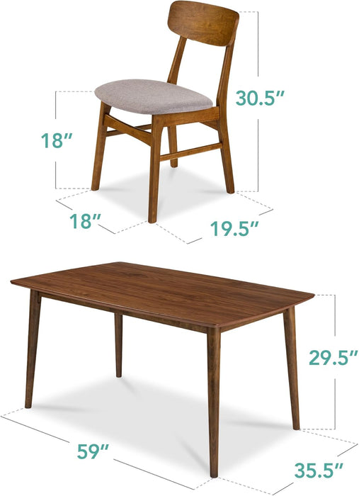 7-Piece Wooden Dining Room Table Set, Mid-Century Modern, Kitchen Table W/ 6 Chairs, Upholstered Cushions, Curved Backrests, Rounded Table Corners - Walnut/Gray
