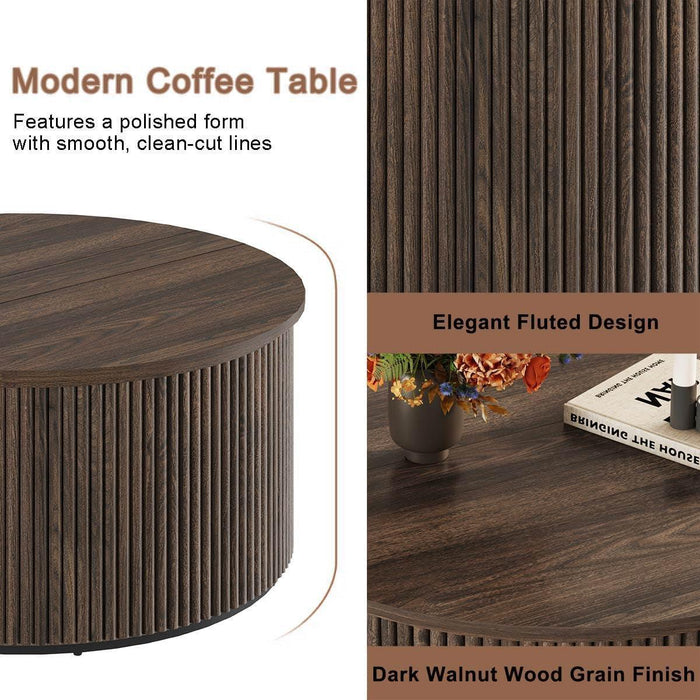 round Coffee Table, Fluted Woodern Center Table with Storage, Mid-Century Modern Cocktail Tables for Small Space, Living Room, Bedroom (31.5 Inch, Dark Walnut)