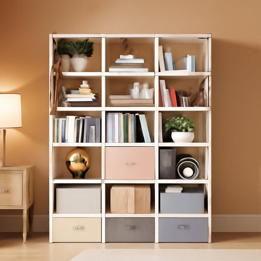 Book Shelf, 18 Cube Storage Organizer, DIY Bookcase, Metal Cube Bookshelf, Tall Book Case for Bedroom, Living Room, Office, Closet Storage Organizer, Black Cubicle Storage Rack-White