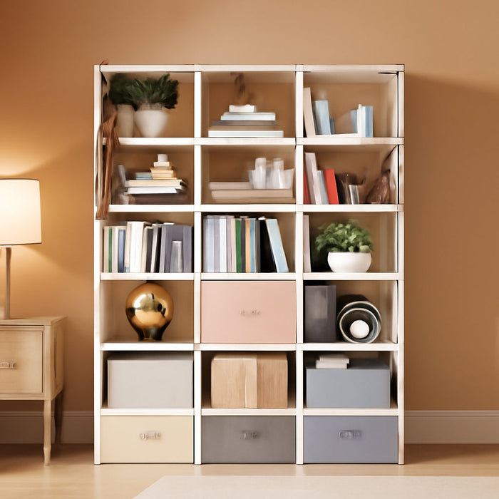 Book Shelf, 18 Cube Storage Organizer, DIY Bookcase, Metal Cube Bookshelf, Tall Book Case for Bedroom, Living Room, Office, Closet Storage Organizer, Black Cubicle Storage Rack-White