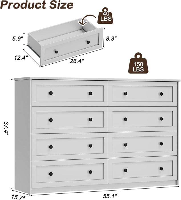55In White 8 Drawer Double Dresser for Bedroom,Large Wood Storage Chest