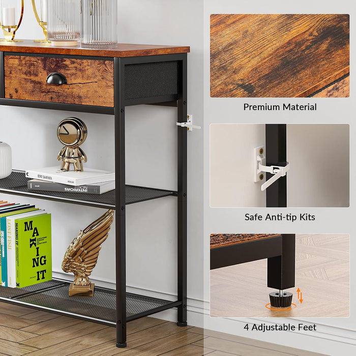 Console Sofa Table with Storage Shelf for Entry Way, Small 30'' Entryway Table with 2 Fabric Drawers, Industrial Display Shelves for Hallway, Entrance, Foyer, Rustic Brown