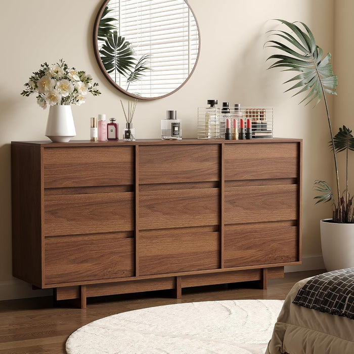 9 Drawer Walnut Dresser for Bedroom,59" Wide Mid Century Modern Dresser