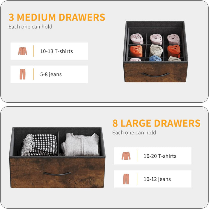 Dresser for Bedroom with 11 Drawer, Dressers & Chests of Drawers with Side Pockets, Hooks, Fabric Storage Drawer, Steel Frame, Wood Top, Organizer Unit and Pull Handle for Closet.