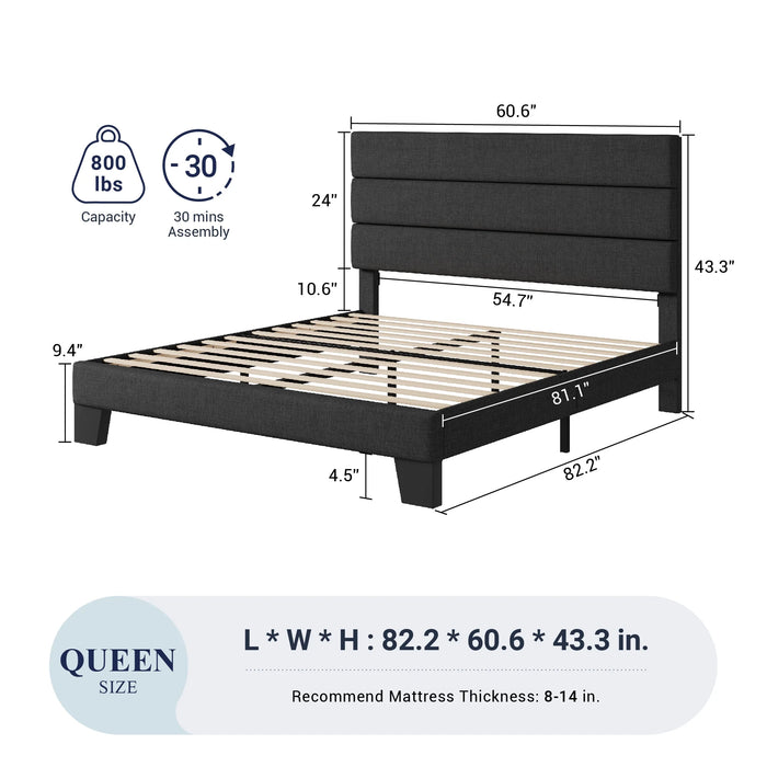 Queen Size Platform Bed Frame with Fabric Upholstered Headboard, No Box Spring Needed, Dark Grey