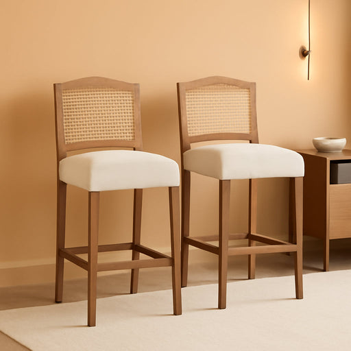 30 Inch Counter Height Stools Set of 2 Rattan Farmhouse Barstools Mid Century Modern Bar Chairs Upholstered Kitchen Bar Stools with Wood Legs for Island/Dining Room, Linen Beige