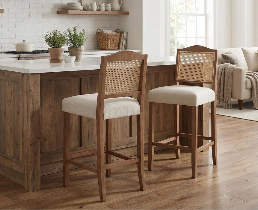 30 Inch Counter Height Stools Set of 2 Rattan Farmhouse Barstools Mid Century Modern Bar Chairs Upholstered Kitchen Bar Stools with Wood Legs for Island/Dining Room, Linen Beige