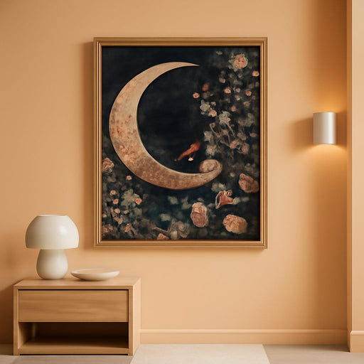 Framed Vintage Floral and Moon Canvas Wall Art, Dark Mystical Celestial Floral Wall Decor, William Morris Gothic Prints Artwork for Bedroom Living Room Office Decoration 8X10 Inch Easy to Hang
