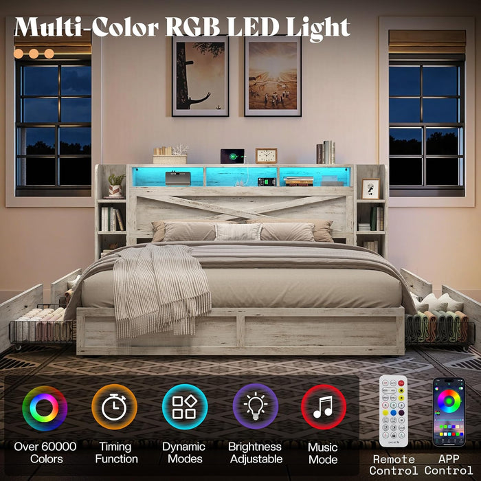 45'' Farmhouse Queen Bed Frame with Bookcase Headboard, LED Bed Frame with Side Shelves & Underbed Drawers, Wood Platform Bed with Charging Station, White