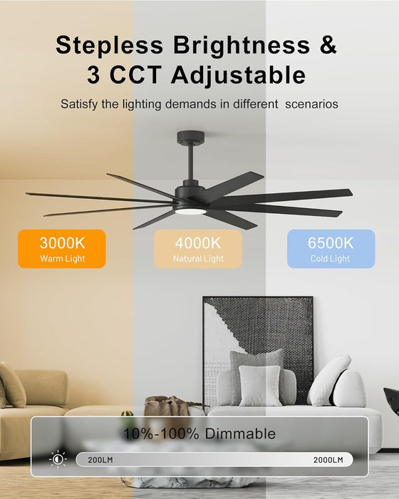 Ceiling Fans with Lights and Remote - 72 Inch Black Large Ceiling Fan for Inoor Bedroom, Living Room, Kichen, 3 Downrods, Dimmable, Super Quiet, 6 Speeds, Dual Finish 8 Blades