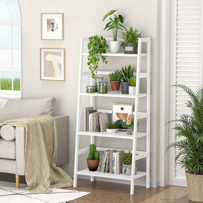 Ladder Shelf, 4-Tier Bamboo Ladder Bookshelf, 49.2” White Book Shelf, Open Bookcase Freestanding Plant Stand for Small Space, Bathroom, Living Room, Bedroom, Home Office