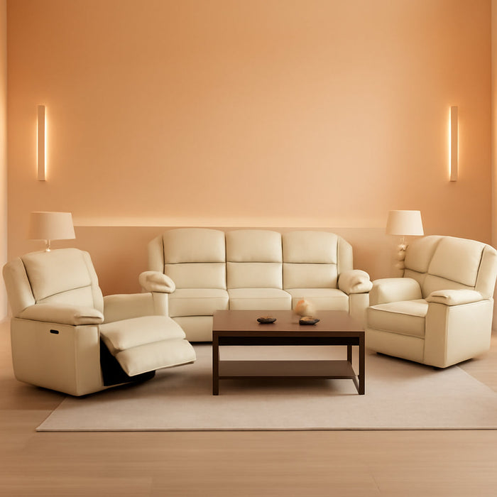 Leather Recliner Sofa Set，Leather Reclining Sofa Set for Living Room Furniture Sets，Beige Recliner Couch Set for Living Room/Office/Theater Seating(Sofa Set 3 Pieces)