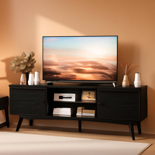 TV Stand for 55 60 Inch TV, Modern Mid Century Entertainment Center with Storage, Media Console Table 2 Cabinet, Soft Hinge, Handle Door, Wooden Living Room, Office Furniture, Black