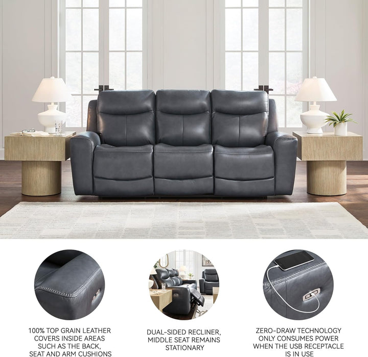 Mighty Moves Contemporary Power Leather Match Reclining Sofa with Position Lock, Adjustable Headrest and USB Charging Ports, Blue