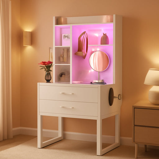 Small Vanity Desk with Hutch and Drawers, White Makeup Vanity Desk with Charging Station, Vanity Table Dressing Table with LED Lights, Vanity Desk No Mirror with Pegboard for Girls Women, 24"