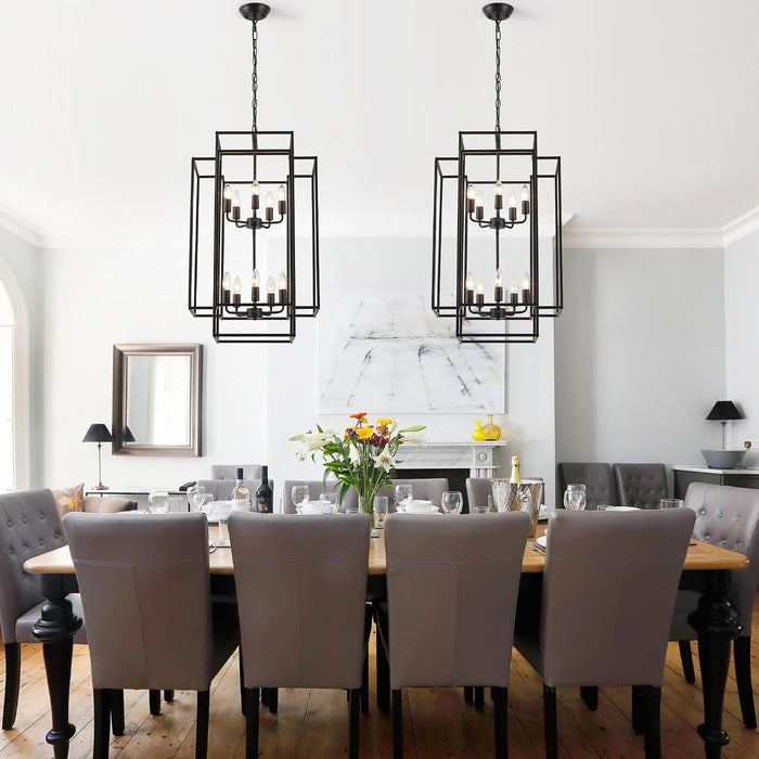 Large Lantern Chandelier for Entryway Foyer, 2-Tier Matte Black Cage Chandelier, 10-Light Hanging Light Fixture for High Ceiling Staircase Living Room