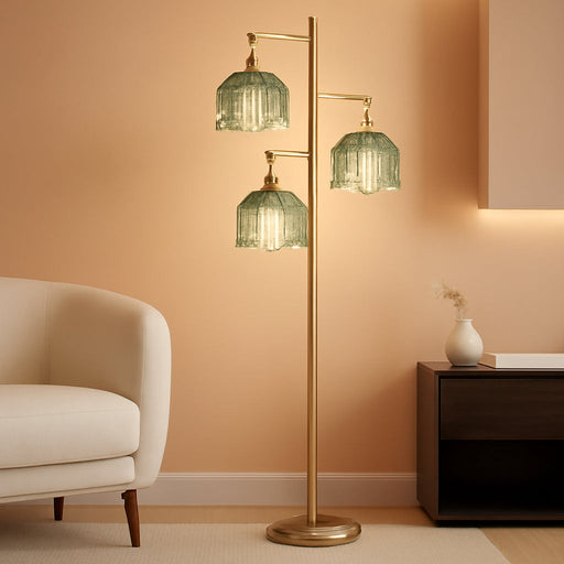 Vintage Floor Lamps for Living Room Bedroom-3 Light Glass Floor Lamp with Three Led Bulb, Modern Mid Century Standing Lamp Brass Tall Lamp Gold Tree Floor Lamp for Bedroom Corner