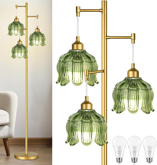 Vintage Floor Lamps for Living Room Bedroom-3 Light Glass Floor Lamp with Three Led Bulb, Modern Mid Century Standing Lamp Brass Tall Lamp Gold Tree Floor Lamp for Bedroom Corner