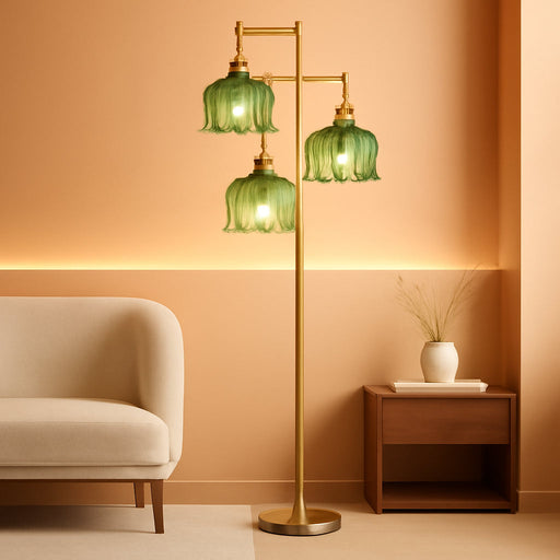 Vintage Floor Lamps for Living Room Bedroom-3 Light Gold Floor Lamp with Glass Lampshape, Flower Green Tall Lamp Mid Century Modern Standing Lamp Tree Floor Lamp for Bedroom Living Room Corner