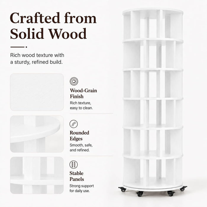 6-Tier Rotating Bookshelf Tower, Solid Wood 360° Revolving Bookcase | round Spinning Book Shelf Organizer on 6 Wheels, Narrow Rolling Bookshelves for Small Spaces, Corner, Bedroom, Office, White